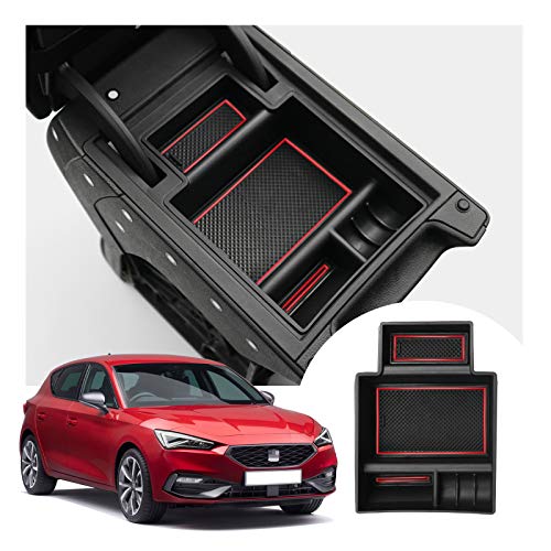 LFOTPP Seat Leon Cupra 5F FR MK3 Apoyabrazos Consola Central Bandeja, Caja de Almacenamiento Organizador coche Interior Accesorios (Rojo)