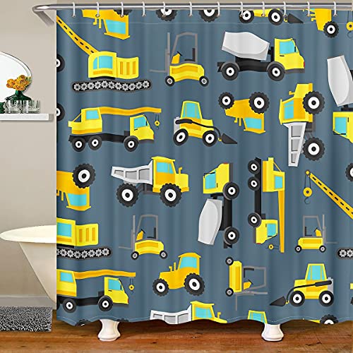 Loussiesd Cortina de baño para excavadora de dibujos animados para niños, para camiones, coches, cortinas de ducha para maquinaria, grúas de baño, bañeras, cortinas impermeables de 180 x 210 cm