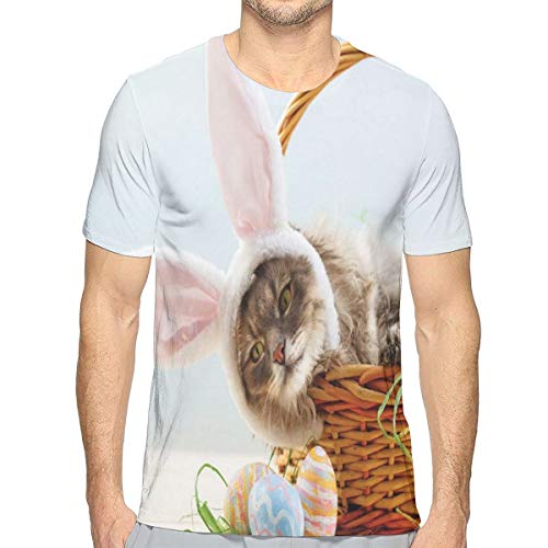 Mens 3D Printed T Shirts,Adorable Fluffy Cat with Pink Rabbit Ears In Easter Basket with Dyed Eggs L