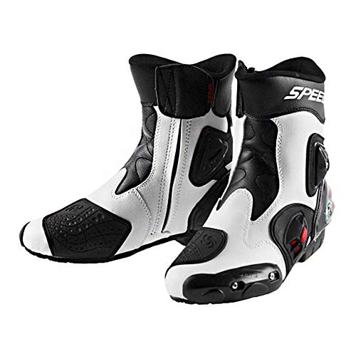 MRDEAR Botas de Motocross Impermeables Botas Protectoras para Motociclismo Hombre Botas de Moto de Cuero con Ventilación Ajustable, Blanco & negro (42 EU)