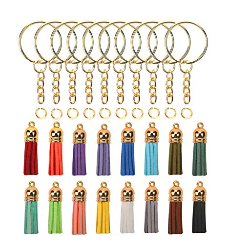 OOTSR 50 juegos de llavero a granel, incluye llavero redondo con cadena, anillo de salto abierto, borlas de ante para llavero de bricolaje/creación de joyas/artesanía (color dorado)