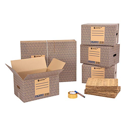 packer PRO Pack Mudanza Eco con 5 Cajas Carton Mudanza 600x300x275mm, 10 Cajas Carton Mudanza 430x300x250mm, Cinta Adhesiva, 25 Mallas de Protección para Embalaje, Rotulador Permanente
