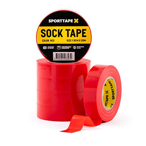 Paquete de cinta de calcetín SPORTTAPE - Rojo - Paquete de 6-1,9 cm x 20m - Cinta de bota de fœtbol de fútbol de rugby de PVC - Lo mejor para mantener calcetines, almohadillas, espinilleras
