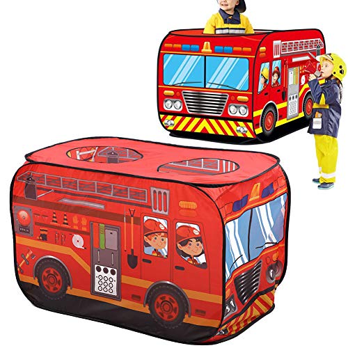 Pinsofy Tienda de campaña para niños, Tienda de campaña ecológica y Duradera para Camiones de Bomberos, Plegable emergente de Montaje rápido para niños con Doble(Fire Truck)