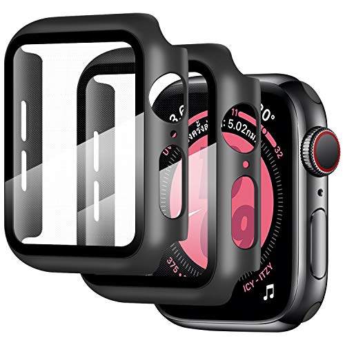 Qianyou 2 Packs Funda con Cristal Templado para Apple Watch 44mm Serie 6/SE/5/4, PC Funda y Vidrio Protector de Pantalla Integrados, Slim Cover de Bumper Compatible con iWatch 44mm, Negro+Negro