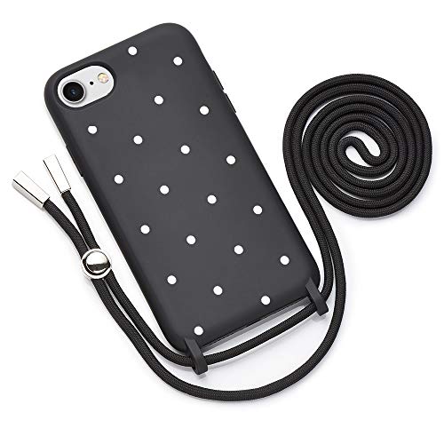 QULT Funda con Cuerda Compatible con iPhone SE 2020, 7/8 Carcasa de movil con Colgante Cadena Suave Silicona Necklace Bumper Negro Motivo Puntos Blancos