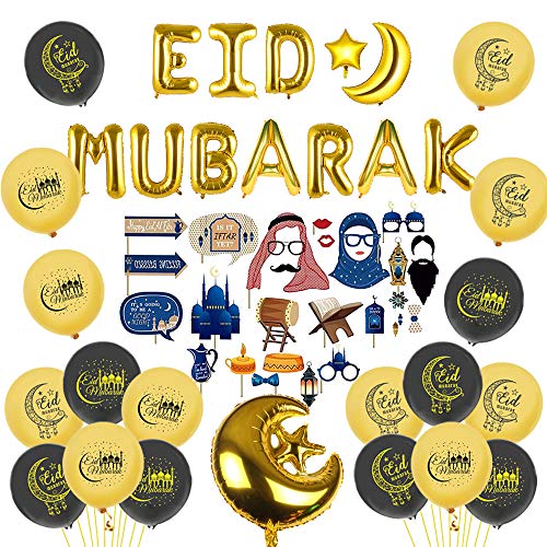 Ramadan Mubarak Eid Mubarak Juego de decoración incluye kit de accesorios para cabina de fotos globos de aluminio globo de látex perfecto para decoraciones de fiesta Ramadán Suministros