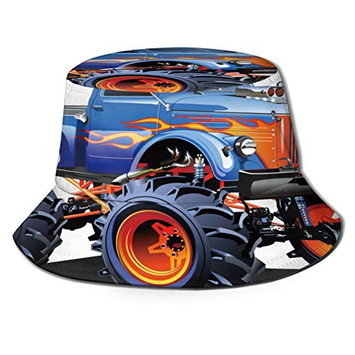 Sombrero de pesca,Dibujos animados Monster Truck Neumáticos enormes Off Road Heavy Large Tractor Ruedas Turbo,Senderismo para hombres y mujeres al aire libre sombrero de cubo sombrero para el sol