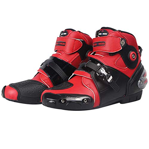 Sooiy Motocicleta Botas de Cuero Impermeable de protección Botas de Carreras de Motocross en Carretera Crash Protectora con Cremallera Zapatos gratuitos,Rojo,45