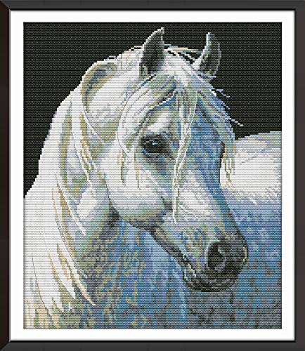 Surtido completo de kits de punto de cruz, 100% algodón DIY bordado Starter Kits DIY costura para principiantes niños adultos – caballo blanco 4 (impreso 11 CT) 17.7 "x 20.5 ''