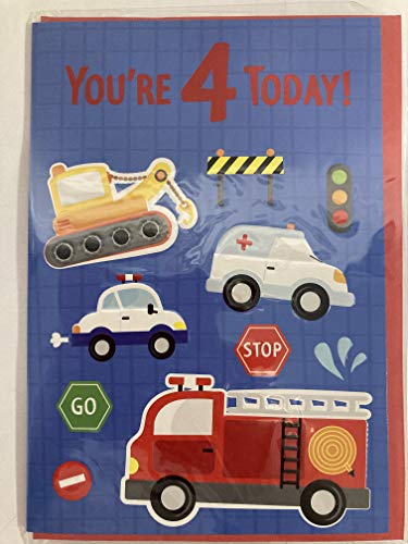 Tarjeta de cumpleaños para niños de 4 a 4 años, 4 a 4 y 4 a 4 años, diseño de grúa, ambulancia, coche de policía, coche de bomberos (PH45864)