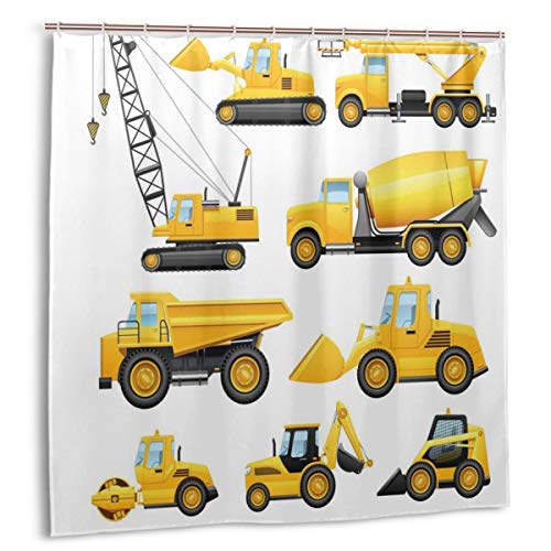 Throwpillow Cortina de Ducha,Imágenes abstractas de vehículos de construcción Maquinaria Camiones Grúa Excavadora,Impermeable y Opaco con 12 Ganchos