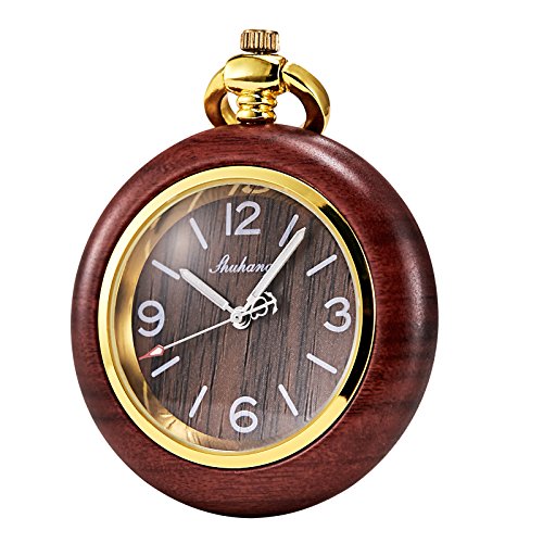 Tree weto Madera Reloj de bolsillo retro bolsillos Relojes Hombre Cuarzo Reloj Números Arábigos con cadena y caja de regalo