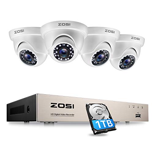 ZOSI 1080P Kit de Cámara de Seguridad 8CH H.265+ Videograbador DVR con (4) Cámara de Vigilancia Exterior, 1TB Disco Duro, 20m Visión Nocturna, Alarma Email, P2P