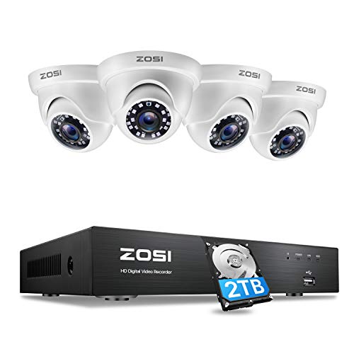 ZOSI 4K Sistema de Vigilancia 8CH H.265+ Videograbador DVR con (4) Cámara de Seguridad Exterior, 2TB Disco Duro, 20m Visión Nocturna, Alarma de Movimiento, P2P
