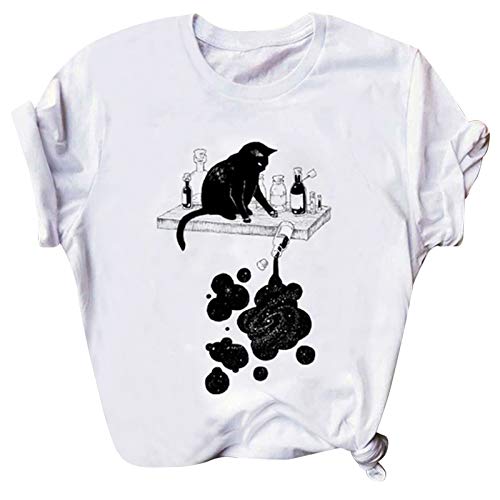 2021 Nuevo Camiseta Mujer Verano Manga Corta Gato Negro Impresión Animal Moda Blusa Camisa Cómodo Cuello Redondo Basica Camiseta Suelto Tops Casual Fiesta T-Shirt Original tee