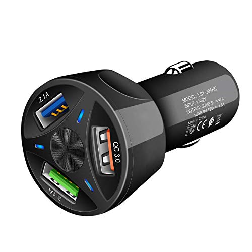 3 Puerto USB Cargador Coche, Cigarrillos de Encendedor, Adaptador Automóvil con 3.0 Carga Rápida, para Iphone 12/11/11 Pro/Xs/Xr/X / 8/7/6, Samsung, LG, HTC, Sony, Huawei y etc. -Negro