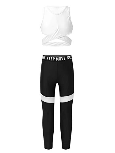 Agoky Conjunto de Ropa Deporte Niña Camiseta sin Manga Sash Cross Cintura Top y Pantalones Leggings de Súper Elásticos Sin Costuras 3-14 Años C-Blanco 13-14 años