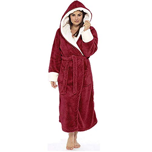 Albornoz de Invierno para Mujer Bata de Felpa de Pelo Largo Vestido de casa Pijama Ropa Interior de SPA Regalo de Fiesta S-5XL-Red_XL