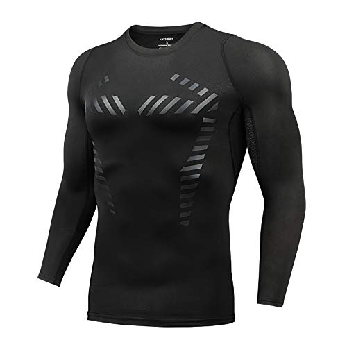 AMZSPORT Camisa de Compresión para Hombre Camiseta Deportiva de Manga Larga Entrenamiento Running Top, Negro L