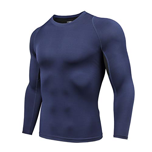 AMZSPORT Top de Compresión Térmica para Hombre Camiseta de Manga Larga Transpirable Capa Base para Deportes de Invierno Gimnasio Correr Ciclismo, Azul XL