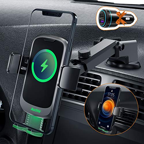 Auckly Qi 15W Cargador Inalámbrico Coche,【Ocultar botón】 Wireless Car Charger Soporte con Bloqueo Automático Rápida Salida de Aire para iPhone 11/11 Pro MAX/XS MAX/XR/8 Samsung/Huawei/Xiaomi y Otros