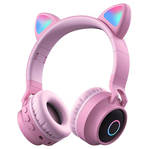 Auriculares Bluetooth con Orejas de Gato Uplayteck, Color Rosa Alta Fidelidad Estéreo Auriculares Inalámbricos Cascos Plegables con Micrófono, Auriculares Diadema Bluetooth para Niña iPhone Android PC