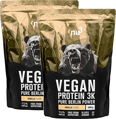 Batidos de proteínas veganas - Proteína vegetal 3K en polvo - de 3 componentes vegetales (guisante, cáñamo & arroz) - 2 Kg sabor vainilla - Para crecimiento y mantenimiento de masa muscular - de nu3
