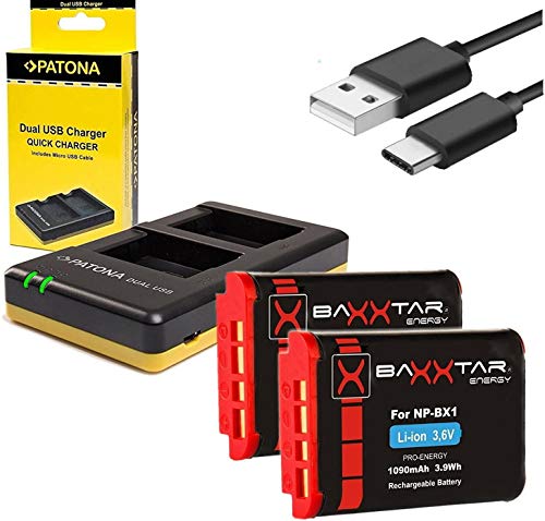 Baxxtar Pro (2X) - Compatible con baterìa Sony NP-BX1 (1090mAh) - USB Cargador Doble 1974 - Sony DSC HX90 HX95 HX99 RX100 WX350 HX400V HDR AS100V FDR X1000 X3000 etc.