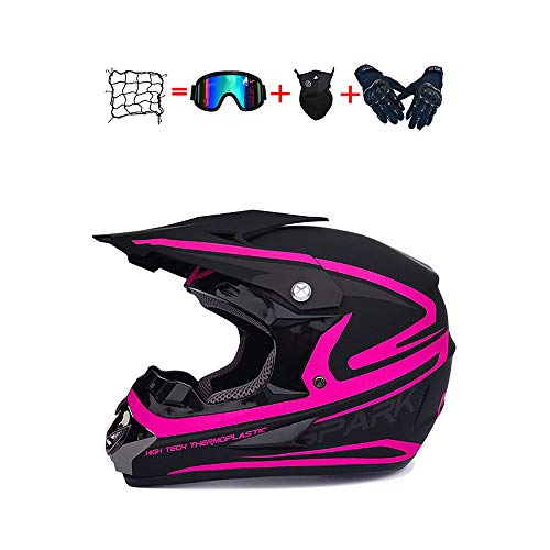 BHGJ Casco Motocross Niño，Diseñado con Diseño genial Cascos De Motocross Cascos de Cross de Moto Set con Gafas/Máscara/Guantes（Serie negra brillante,Polvo） (S)