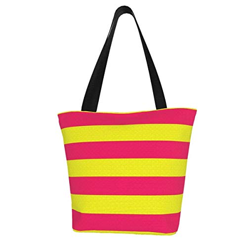 Bolsa de lona personalizable, color rosa neón brillante y amarillo horizontal, para tienda de campaña, a rayas, lavable, bolsa de hombro para la compra para mujer
