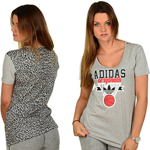 Camiseta adidas Originals para mujer gris con estampado de leopardo BBALL TEE 2 LEO de manga corta para deportes Camiseta adidas Originals para mujer gris con estampado de leopardo BBALL TEE 2 LEO de manga corta para deportes