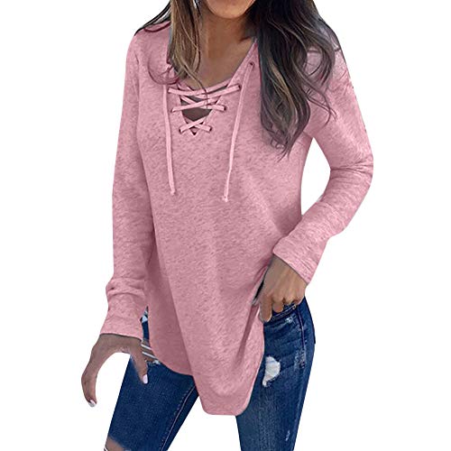 Camiseta de Mujer,Manga Larga Elegante Color sólido Blusa y Camisa Cuello en v Basica Camiseta Moda Suelto Verano Primavera Tops Casual Fiesta T-Shirt Original vpass