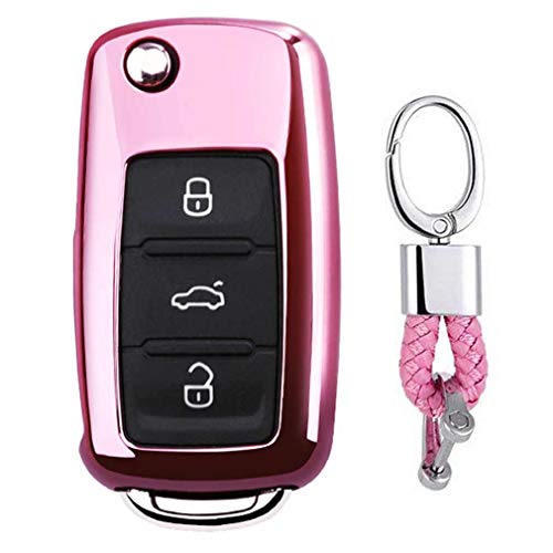Carcasa de TPU suave para llave de coche, color rosa con llavero para VW Volkswagen Polo Passat Golf Beetle Rabbit GTI Jetta 3 botones