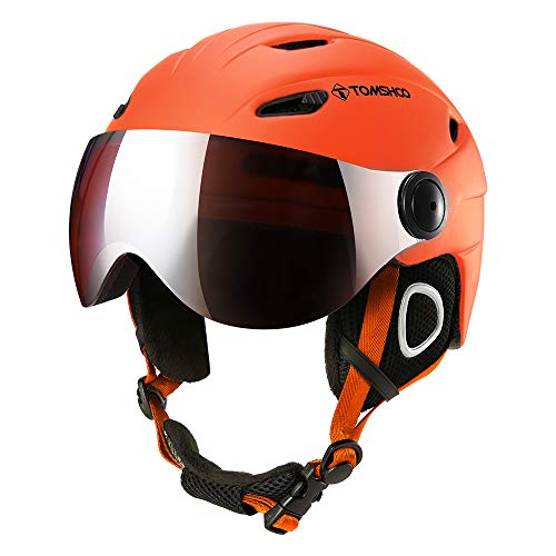 Casco de esquí, Casco de Seguridad Certificado Esquí Profesional Snowboard Casco de Deportes de Nieve Orejera Desmontable Gafas integradas/Sin Gafas (Naranja, L)