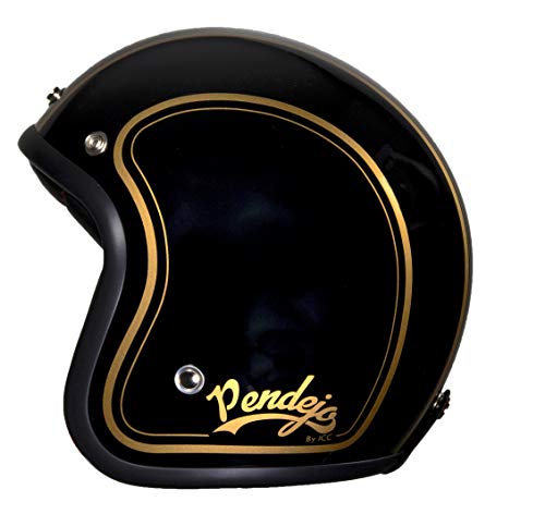 Casco de moto jet Pendejo classic en negro con detalles en dorado by Iguana Custom Collection con corchetes para pantallas y tira de cuero sujeta gafas. (S)