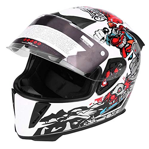 Casco de motocicleta, casco de seguridad integral para motocicleta con patrón de payaso blanco de doble lente(L)