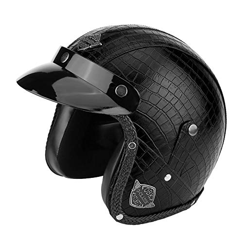 Casco de motocicleta, medio casco de moto de moto universal de cara abierta de cuero de PU(XL-Cocodrilo negro)