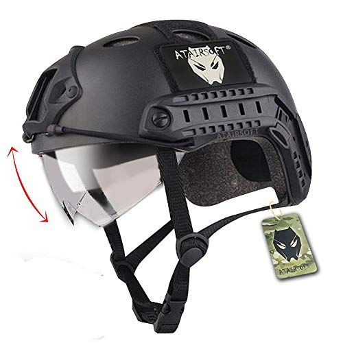 Casco militar para juegos tipo airsoft o paintball, diseño de estilo SWAT, color negro, cuenta con protección para los ojos