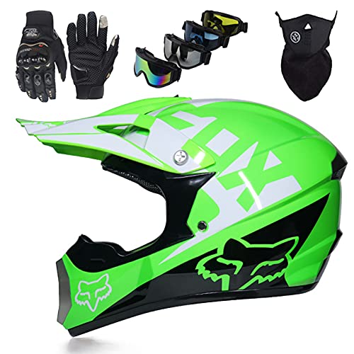 Casco Moto Niños, Casco de Cross de Moto Niños de 5 a 16 Años, Casco Integral MTB Quad Bike Downhill con FOX Design, Casco de Motocross Adultos Set con Gafas Guantes Máscara - Verde