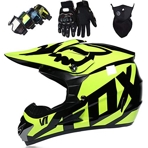 Casco Motocross, Casco Moto Todoterreno para Niños, Aprobado por DOT Casco Rally Para Hombres Mujeres con Gafas Máscara Guantes, Casco Protección Junior con diseño FOX, Amarillo negro brillante