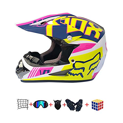 Casco Motocross Niño, ECE Certificación Casco de Moto para niños Downhill.Cascos de Cross de Moto Set con Gafas/Máscara/Red Elástica/Guantes (950, M : 54-55 cm)