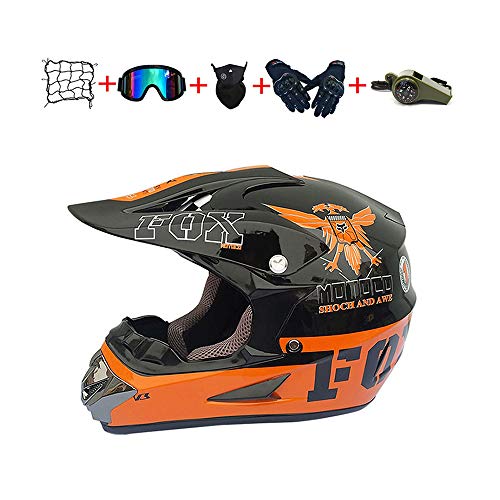 Casco Motocross Niño, ECE Certificación Casco de Moto para niños Downhill.Cascos de Cross de Moto Set con Gafas/Máscara/Red Elástica/Guantes (B, S / 52-53 cm)