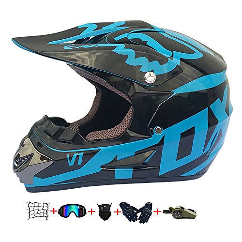 Casco Motocross Niño, ECE Certificación Casco de Moto para niños Downhill.Cascos de Cross de Moto Set con Gafas/Máscara/Red Elástica/Guantes (D, L / 56-57 cm)