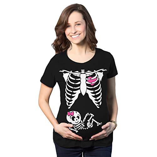 Crazy Dog Tshirts - Maternity Baby Girl Skeleton Cute Halloween Pregnancy Bump Tshirt (Black) - M - Camiseta De Maternidad