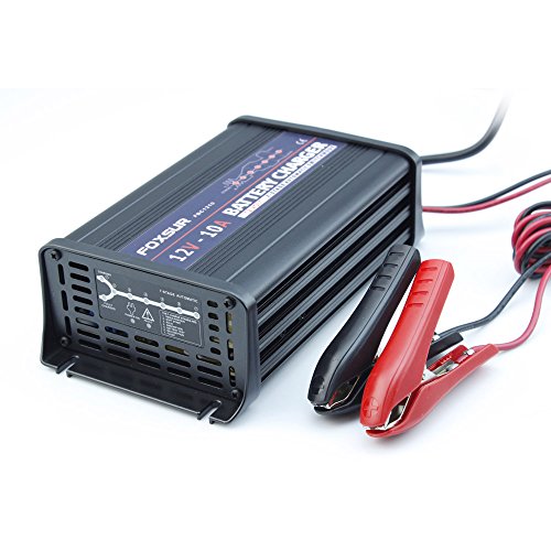 FOXSUR 12V 10A Cargador de batería inteligente de 7 etapas, Gel ácido de plomo Cargador de batería AGM húmedo, Cargador de batería de coche, Cargador de pulso para caja de aluminio (12V 10A)