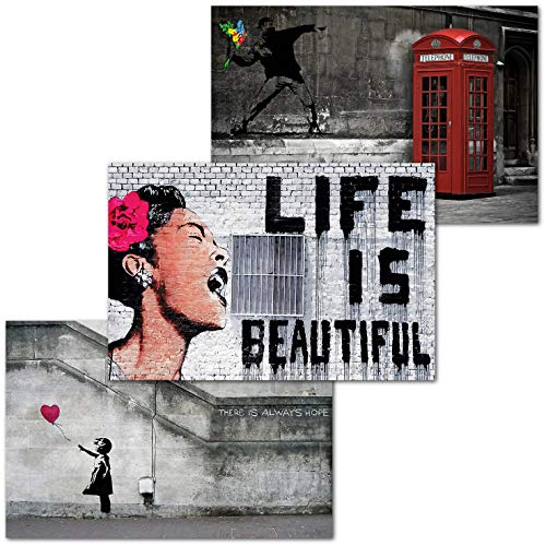 GREAT ART Juego de 3 Carteles XXL – Banksy Artwork – Balloon Girl La Vida Hermosa Lanzador de Flores Billie Holiday Jazz, decoración de Interiores, Cada uno de 140 x 100 cm