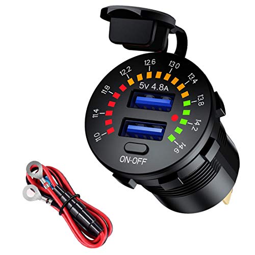 Grneric YGL 12V/24V Toma de Cargador USB para Moto Impermeable,5V/4.8A USB Coche Cargador con Interruptor y Voltímetro LED,para Automóviles,Barcos,Cuatrimotos,Autobuses