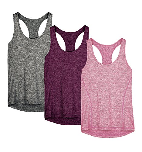 icyzone Camiseta de Fitness Deportiva de Tirantes para Mujer, Pack de 3 (S, Carboncillo/Jam/Rosado)