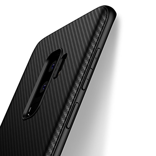 J Jecent Funda para Samsung Galaxy S9 Plus [Textura Fibra de Carbono] Carcasa Ligera Silicona Suave TPU Gel Bumper Case Cover de Protección Antideslizante [Anti-Rasguño] [ Anti-Golpes] - Negro